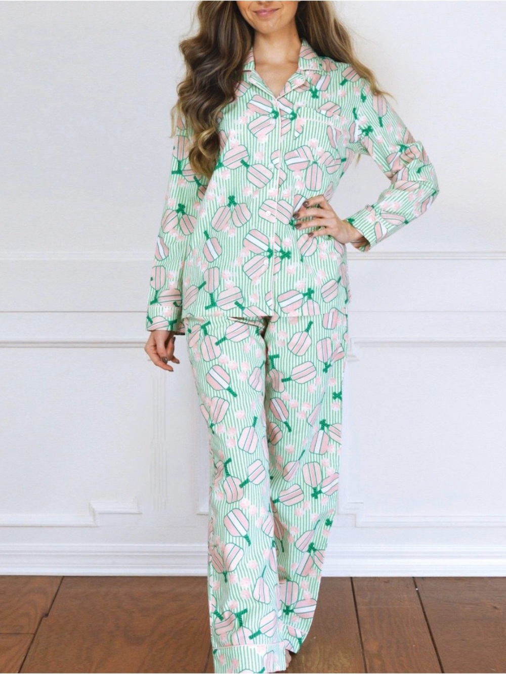 8 Oak Lane Striped Green & Pink Pickleball Printed Pajama Set